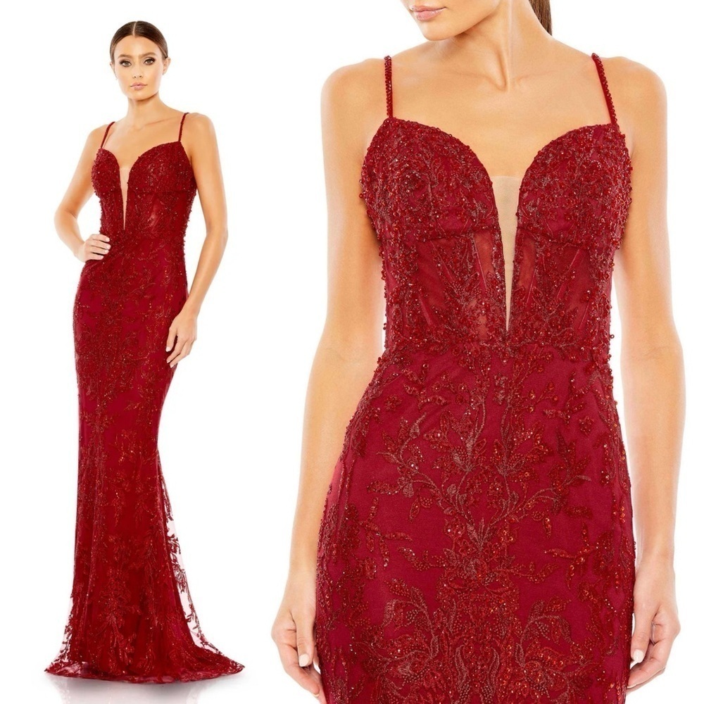 MAC DUGGAL EMBELLISHED PLUNGE NECK ILLUSION MERMAID GOWN RED GOWN SIZE 16
